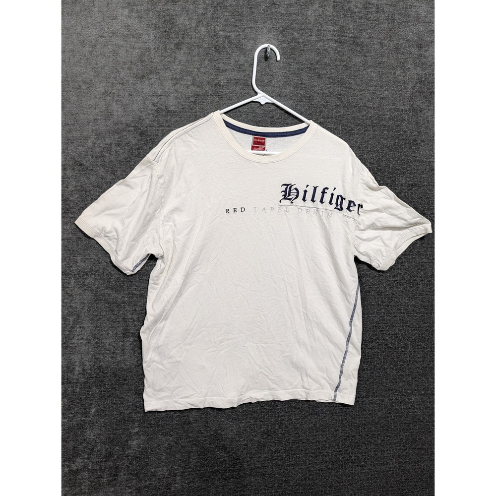 Tommy Hilfiger Red Label Denim Shirt Mens XL White Gothic Logo Contrast Stitch